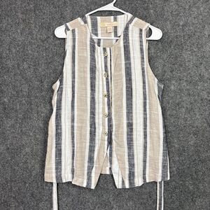 Rich & Famous Top Blouse  Womens Size L Blue Beige Striped Linen Blend